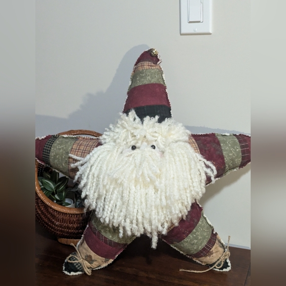Festive Patchwork Santa Throw  Star Pillow. Patchwork. Rustic Decor. EUC. 18". - Picture 2 of 13